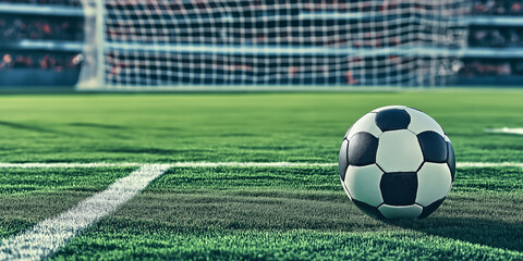 Soccer ball resting on a grass field in a stadium