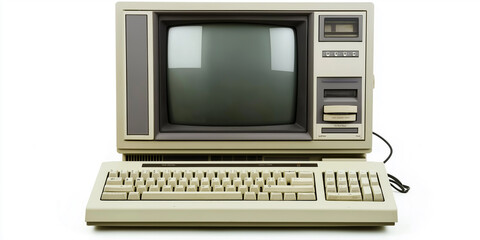 Poster - Old personal computer with floppy disk drive standing on white desk