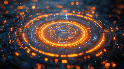 Poster - Futuristic technology center with glowing orange and blue lights forming a digital vortex. Abstract data and tech design