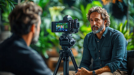 Two men in a modern studio setting engaged in an interview or conversation, with a camera on a tripod capturing the moment. Perfect for media, interview, and professional settings