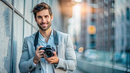 Urban photographer portrait in city setting with camera