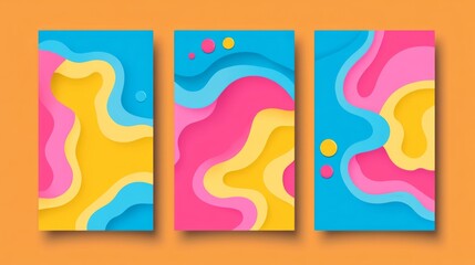 Three colorful paper cutouts with a wave pattern. The colors are blue, pink, and yellow