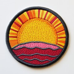 sun rising over colorful waves embroidered patch badge on isolated white background, vector badge an