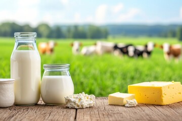 A wooden table is set up with a variety of dairy products, including milk, cheese, and butter. In the background, there are several cows grazing in a field