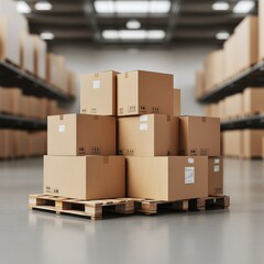 Stacked cardboard boxes on a wooden pallet inside a spacious warehouse, showcasing organized storage solutions for logistics.