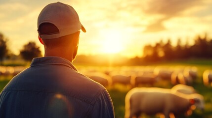 Wall Mural - A man wearing a hat stands in a field with a herd of sheep. The sun is setting, casting a warm glow over the scene. The man is watching over the sheep