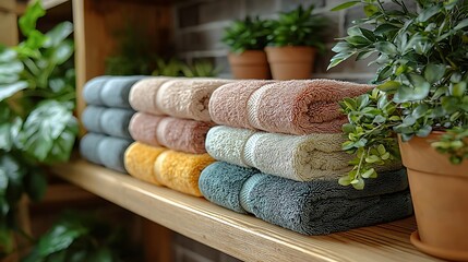 stack of colorful towels on wooden shelf with potted plants in the background.