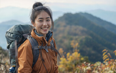 Smiling female hiker in the mountains with a backpack, enjoying a scenic view