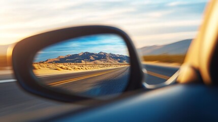 A car's side mirror reflects a stunning view of a desert landscape and distant mountains as the sun sets, creating a golden glow over the scenic road ahead. The journey feels endless and inviting.