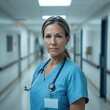 © Urn - Nurse with stethoscope in hospital hallway