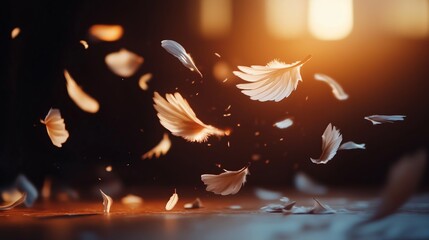 Poster - Delicate flower petals scatter gracefully in golden sunlight within a dimly lit room during the afternoon