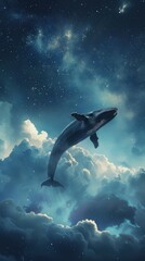 Wall Mural - Enchanted whale swimming among the clouds under a starlit sky, 4K hyperrealistic photo