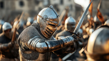 Medieval knight in full armor wielding a sword in a battle scene with other armored soldiers in the background.