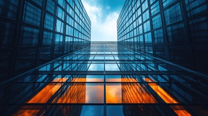 Contemporary office structure exterior featuring mirrored glass window 