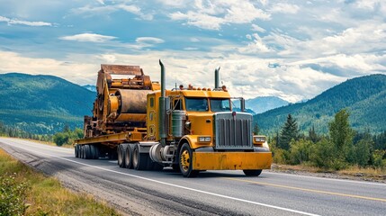 Wall Mural - A truck hauling heavy machinery along a roadway.