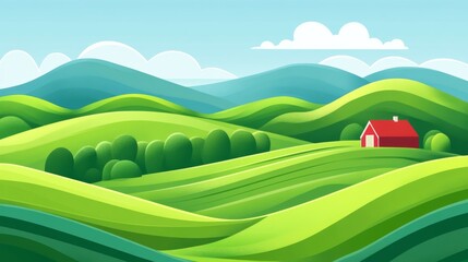 a red house sits on a hillside in a lush green field. the house is surrounded by trees and the lands