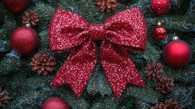 A sparkling Christmas bow tied to a festive centerpiece, surrounded by ornaments, pine needles, and candles.