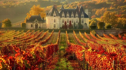 Poster - A Chateau Amidst Autumnal Vineyards