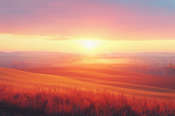 Wall Mural - Vibrant sunset over rolling hills with misty valleys in the background