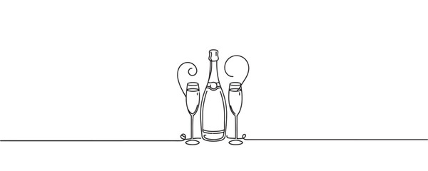 Continuous one line drawing of champagne bottle and glasses. vector illustration