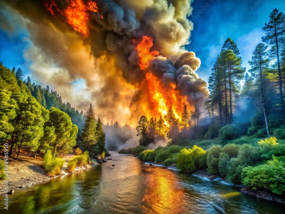 Intense forest fire rages near river, with thick smoke billowing into ...