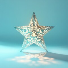 A glowing, ornate Christmas star isolated against a soft blue festive background with light reflections and shadow, minimal holiday decor