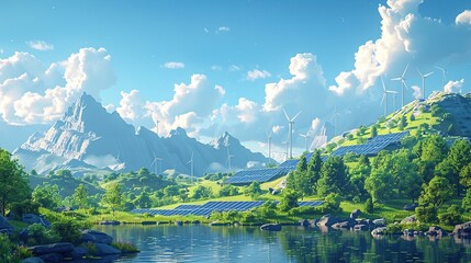 Poster - Image showcasing renewable energy sources, with wind farms and solar panels integrated into a pristine natural landscape for sustainable energy promotion. High resolution Illustration, in the style