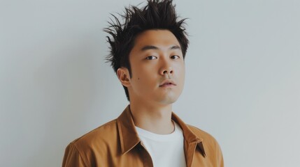 Canvas Print - Portrait of a Young Man with Spiky Hair and Brown Jacket