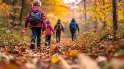 Poster - A group of children walks along a forest trail covered with autumn leaves, surrounded by vibrant trees. The children, dressed warmly, enjoy the beauty of nature on a sunny day, collecting leaves.