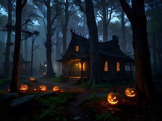 Haunting Halloween Night Mansion, Glowing Jack-o'-Lanterns, and Ghostly Figures