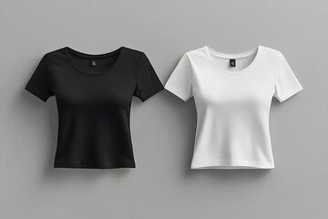 Two simple t-shirts, one black and one white, displayed against a neutral gray background.