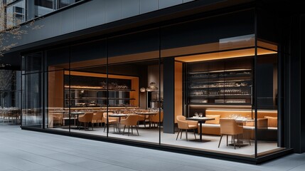 Sticker - Modern restaurant interior with large glass windows, elegant seating, and warm lighting, featuring set dining tables and stylish decor elements.