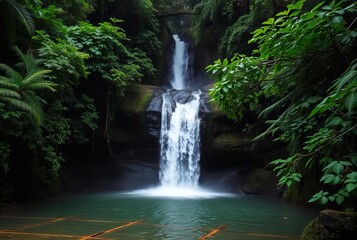 Waterfall in a Dense Rainforest