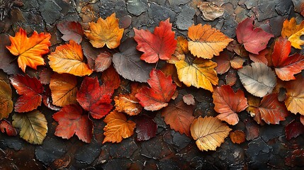 Poster - A close-up of colorful autumn leaves on a rustic stone background.