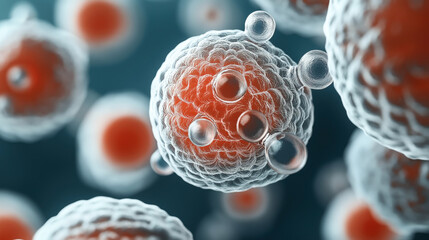 Poster - Microscopic view of human cells with a detailed structure, highlighting organelles and cellular membranes in an abstract scientific depiction with a color scheme of grey and orange.