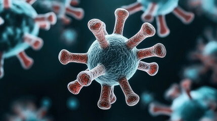 Canvas Print - Close-up view of a virus particle with spike-like protrusions, depicted in a 3D-style illustration showing detail and texture against a dark background.