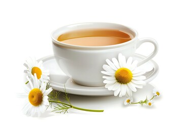 Cup of hot chamomile tea isolated on white background