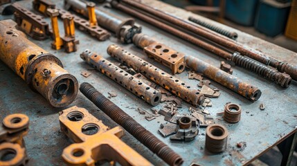 A close-up of broken parts from industrial equipment laid out for inspection.