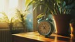 © Intach - Classic alarm clock on a wooden coffee table, bright houseplants adding life to the room in the morning sun.