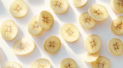 Wall Mural - A flat lay of sliced banana on a white background, illuminated with a soft, natural light, creating a minimalist and fresh feel.