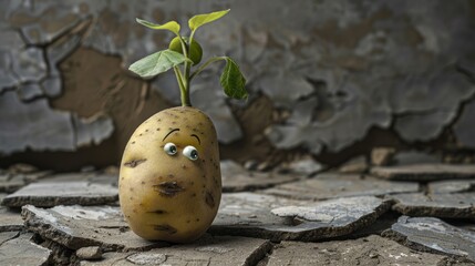 Wall Mural - A Sprouted Potato With Googly Eyes on Cracked Ground