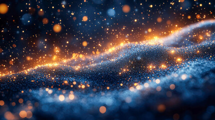 Poster - Dreamy blue and golden sparkling bokeh lights create an abstract wave pattern