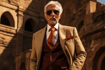 Wall Mural - Portrait of a blissful indian man in his 70s dressed in a stylish blazer over backdrop of ancient ruins