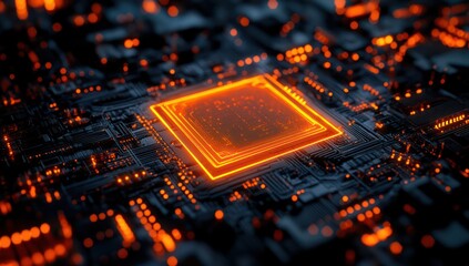 Poster - Futuristic Glowing Circuit Board with Illuminated Microchip