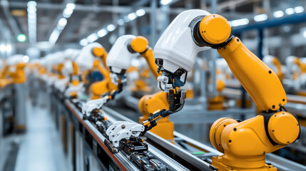 Sticker - Automated industrial robotic arms working on an assembly line in a modern manufacturing factory setting.