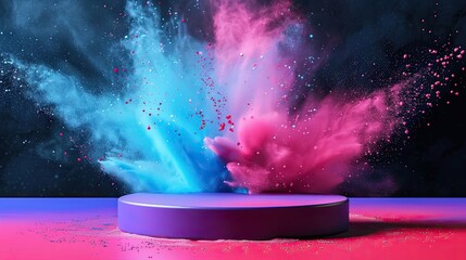 Product display podium with colorful powder paint explosion, with copy space