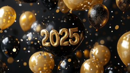 Gold and black balloons. Premium Christmas background. New Year 2025