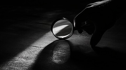 Poster - A hand holding a magnifying glass illuminates a dark surface with a narrow beam of light in a dimly lit room