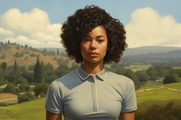 Canvas Print - Portrait of a satisfied afro-american woman in her 20s wearing a breathable golf polo isolated on backdrop of an idyllic countryside