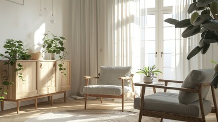 Wall Mural - A Minimalist Living Room with Two Armchairs and a Wooden Cabinet